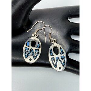 Sterling Silver 925 Taxco Mexico Turquoise Inlay Oval Drop Earrings 1.75”